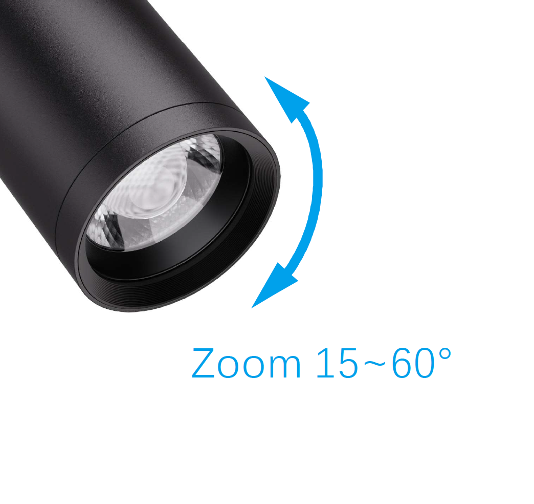 FlexiZoom90 LED-Strahler f�r 3-Phasen-Schienen � stufenlos zoombar 15��60�, CRI97, 30W, 2700lm