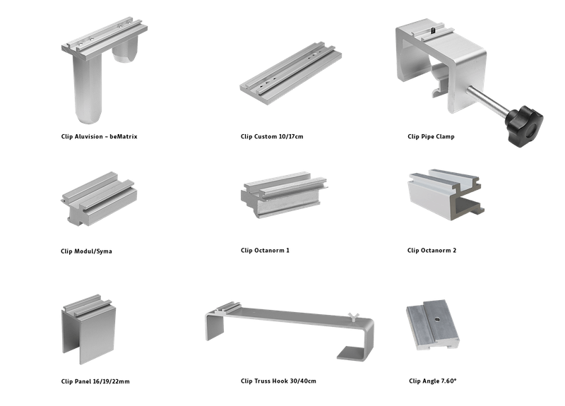 �bersicht passender Montage-Clips f�r META 25 Displayleuchten